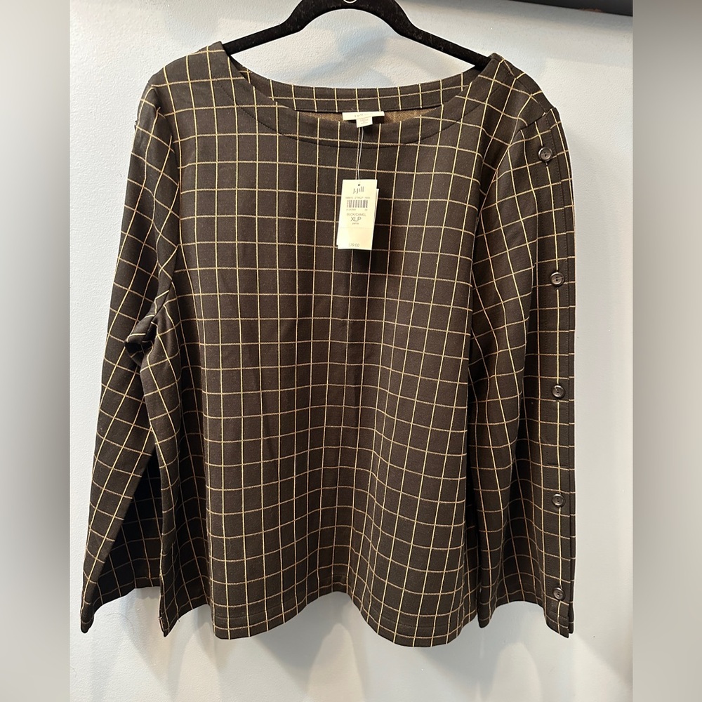 NEW J. Jill Wearever Ponte Black Tan Windowpane Plaid Stretch Top XL Petite